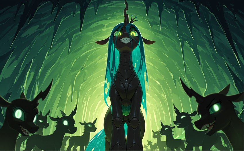 ambiguous_gender cave exoskeleton eyelashes female feral glowing glowing_eyes group horn inside joints looking_at_viewer low-angle_view open_mouth sharp_teeth smile teeth unicorn_horn tamrad friendship_is_magic my_little_pony queen_chrysalis_(mlp) arthropod changeling equid equine horse mammal pony unicorn hi_res