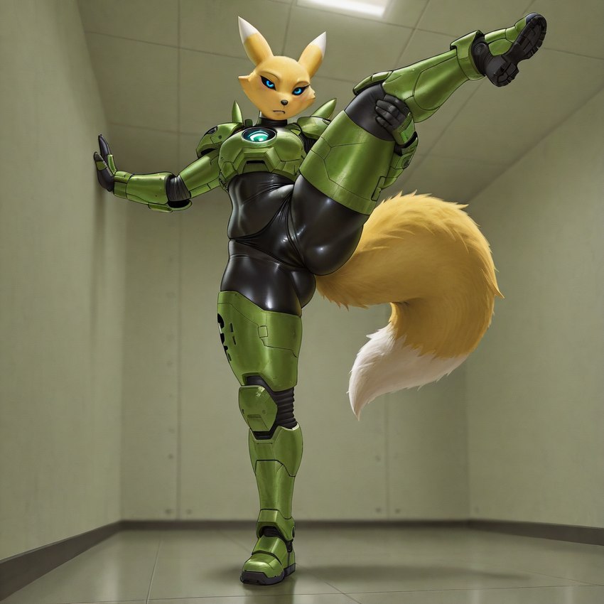 anthro armor butt camel_toe clothing ears_up female fluffy fluffy_tail inside looking_at_viewer looking_down pivoted_ears presenting raised_leg solo solo_focus standing cyrulegos halo_(series) spartan_(halo) digimon_(species) renamon