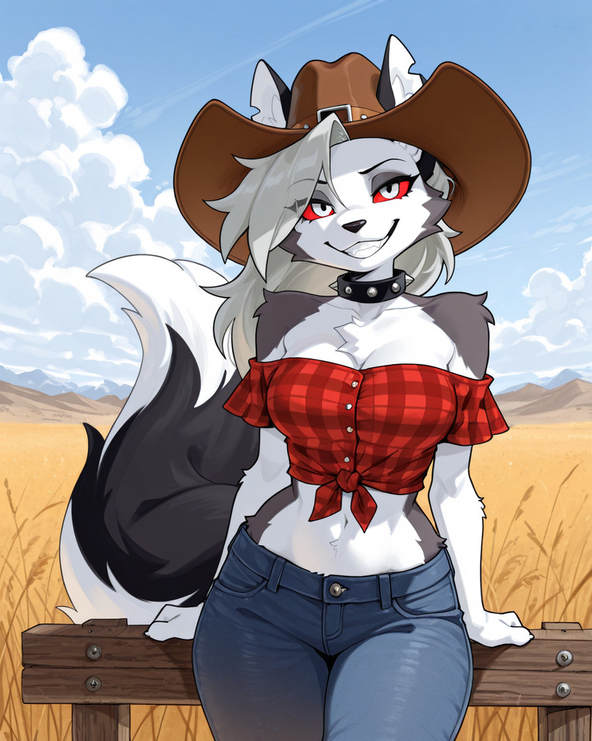 anthro breasts clothing collar cowboy_hat female fluffy fluffy_fur fluffy_tail fur grey_body grey_eyes grey_fur hat headgear headwear red_eyes sky smile solo alastorgj helluva_boss loona_(helluva_boss) canid canid_demon canine canis demon hellhound mammal wolf hi_res