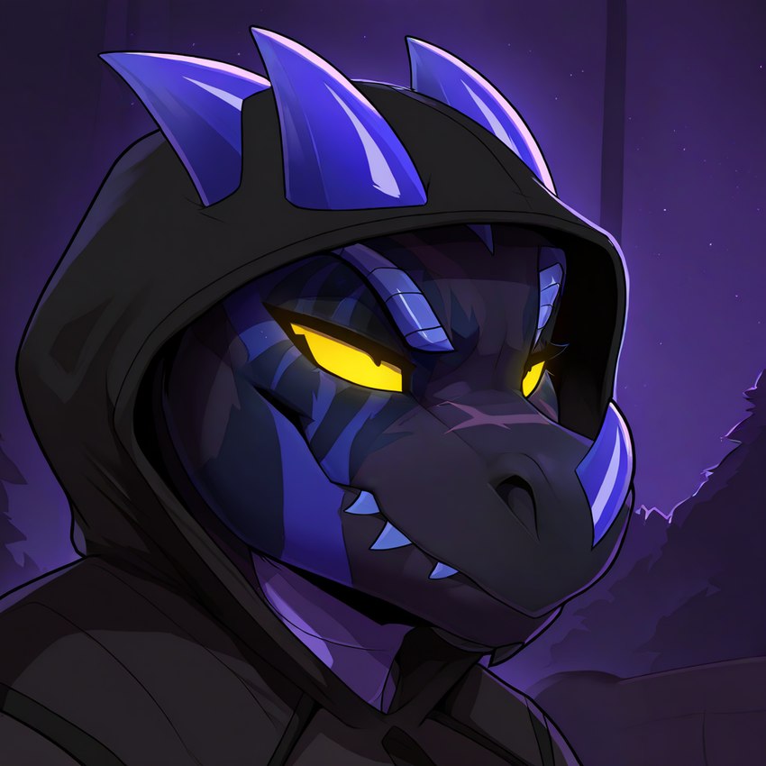 close-up clothed clothing facial_horn fog hoodie horn male markings nostrills purple_horn purple_markings scar sky solo star starry_sky teeth topwear yellow_eyes zeniath.11 purple_vergence dinosaur dromaeosaurid reptile scalie theropod velociraptor icon