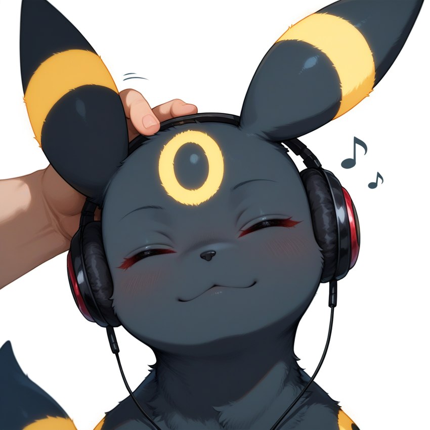 ambiguous_gender duo eyes_closed feral fur headpat headphones musical_note simple_background smile smiling_at_viewer solo_focus anonymous_director nintendo pokemon canid canine eeveelution generation_2_pokemon human mammal pokemon_(species) umbreon