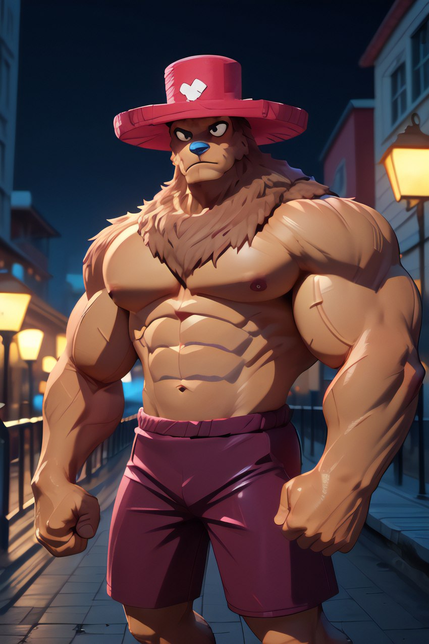 2024 abs anthro biceps big_muscles blue_nose boardwalk body_hair bottomwear brown_body brown_fur building chest_hair chest_tuft clothing fist fur hat headgear headwear male muscular muscular_anthro muscular_male night night_sky pink_clothing pink_hat pink_headwear serious_face shorts solo stable_diffusion street_lamp top_hat tuft anonymous_director tony_tony_chopper animal_humanoid capreoline cervid humanoid hybrid mammal reindeer 2:3 absurd_res colorful detailed digital_media_(artwork) digital_painting_(artwork) full-length_portrait hi_res portrait