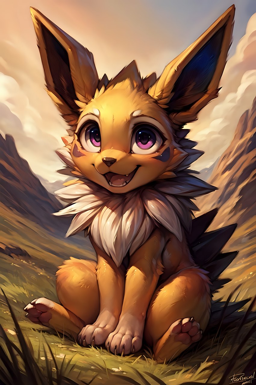 big_eyes chibi feral grassland happy male meadow neck_tuft open_mouth pawpads paws pink_pawpads purple_eyes sitting sitting_on_ground smile solo tuft yellow_body jameswolf canid canine eeveelution generation_1_pokemon jolteon mammal pokemon_(species) absurd_res hi_res