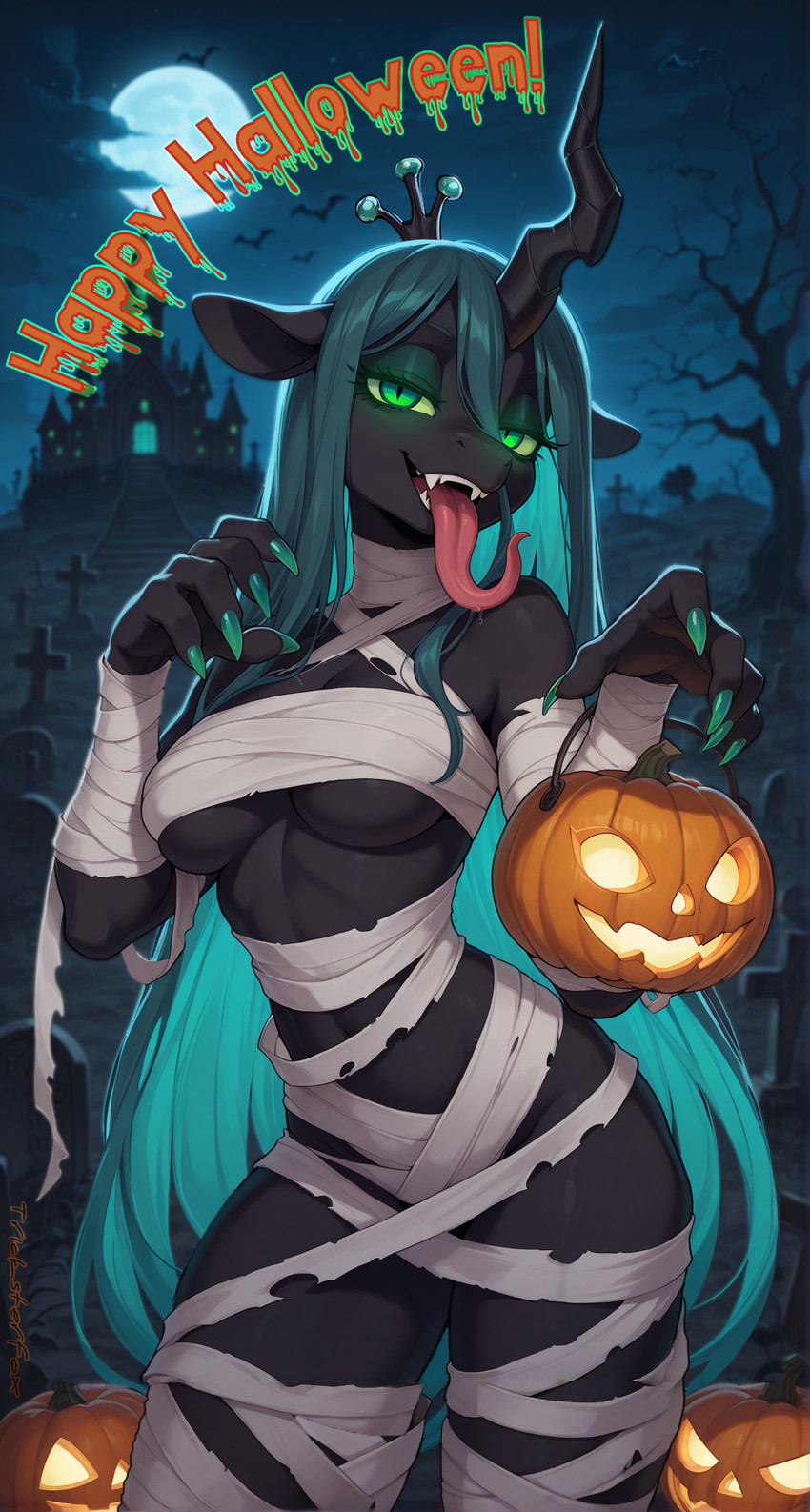 1_horn animal_ears anthro bandages black_body black_skin body_fur breasts candy castle cemetery clothing colored_nails dessert eyeshadow fangs female food fruit full_moon goat_ears green_eyes green_hair green_nails hair halloween halloween_bucket halloween_costume happy_halloween holidays horn jack-o'-lantern large_breasts long_hair long_tongue looking_at_viewer makeup medium_breasts moon multicolored_hair mummy mummy_costume nails naked_bandage night open_mouth outside plant pumpkin pupils sky slit_pupils smile snout solo teeth tombstone tongue tongue_out tree under_boob very_long_hair tricksterfox friendship_is_magic monster_girl my_little_pony queen_chrysalis_(mlp) bat equid equine horse humanoid mammal pony undead invalid_tag hi_res portrait three-quarter_portrait