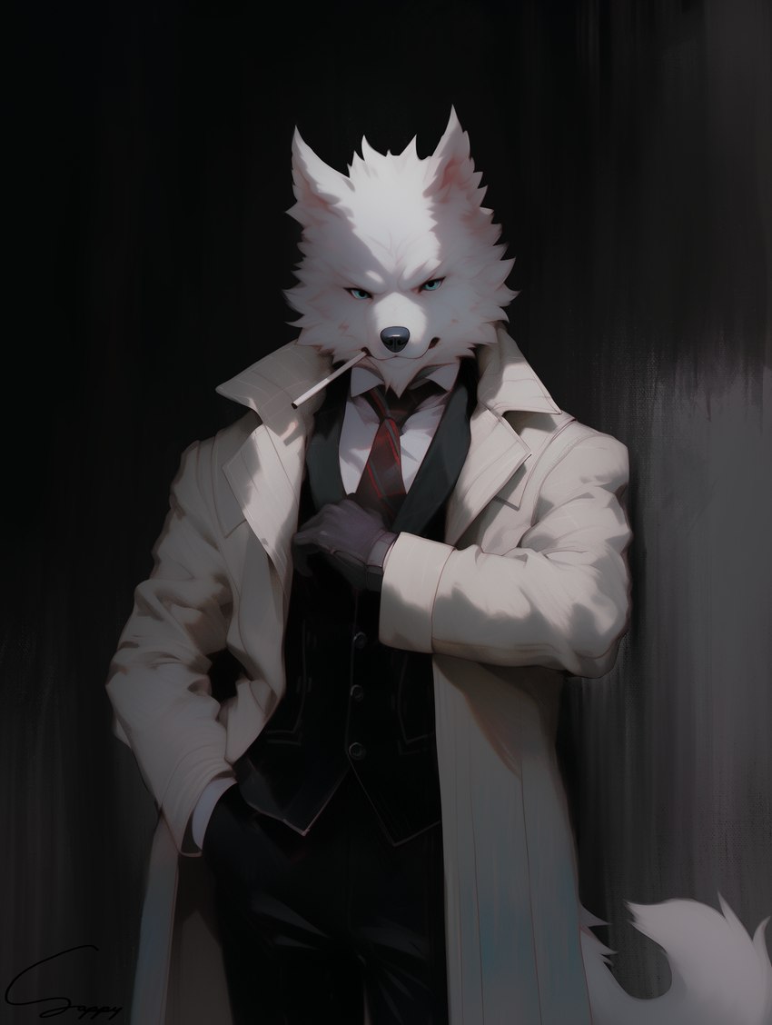 anthro black_nose blue_eyes bottomwear cigarette clothing coat fur inner_ear_fluff male necktie pants simple_background solo solo_focus topwear trenchcoat tuft vest white_body white_fur sappy_(director) canid canine canis domestic_dog hunting_dog mammal terrier absurd_res hi_res painting_(artwork) traditional_media_(artwork)