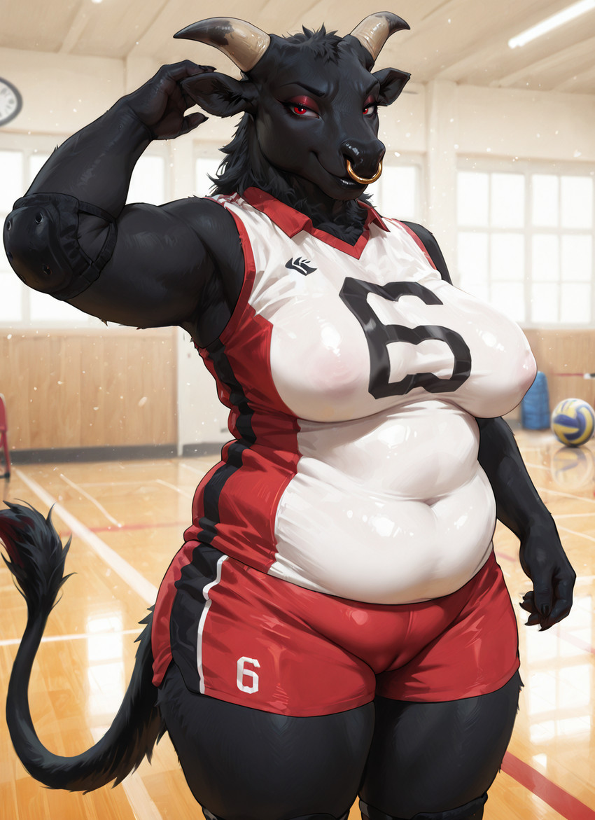 anthro armpit_showing belly black_body black_fur black_lips black_nose bottomwear breasts camel_toe claws clothing elbow_pads eyelashes eyeshadow facial_piercing female fur gold_(metal) gold_jewelry gym_bottomwear gym_clothing gym_shorts horn inside jewelry lips makeup medium_breasts navel_outline nipple_outline nose_piercing nose_ring number_on_clothing piercing raised_arm red_eyes ring_piercing sagging_breasts shorts sleeves slightly_chubby smile smug smug_face smug_look solo sports_gear sportswear standing thick_thighs tight_clothing uniform wide_hips chamir136_(director) bovid bovine cattle humanoid mammal hi_res