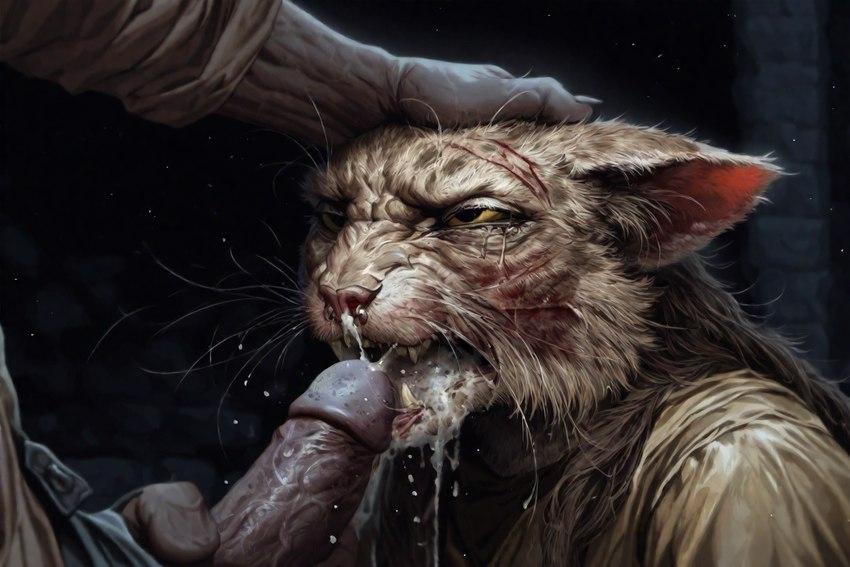 alley anthro bodily_fluids cum cum_in_mouth cum_inside duo fellatio female forced genital_fluids male male/female oral penile rape scratches sex substance_intoxication hyperion felid human khajiit mammal