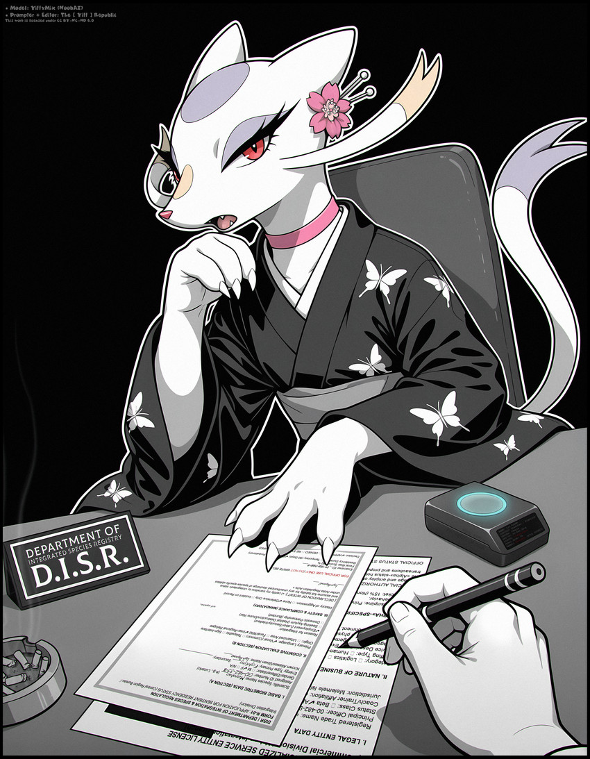 4_fingers accessory ashtray asian_clothing butterfly_print chair choker claws clothing cute_fangs desk document duo east_asian_clothing female feral fingers furniture hair_accessory hair_flower hairpin hand_on_chin holding_object holding_pencil japanese_clothing jewelry kimono looking_at_viewer male necklace on_chair open_mouth paper pencil_(object) pink_choker pink_jewelry pink_necklace pink_nose pov_hands sign sitting sitting_on_chair smoke table tail text white_claws the_yiff_republic nintendo pokemon rin_ayame_(the_yiff_republic) generation_5_pokemon mienshao pokemon_(species) absurd_res english_text hi_res monochrome