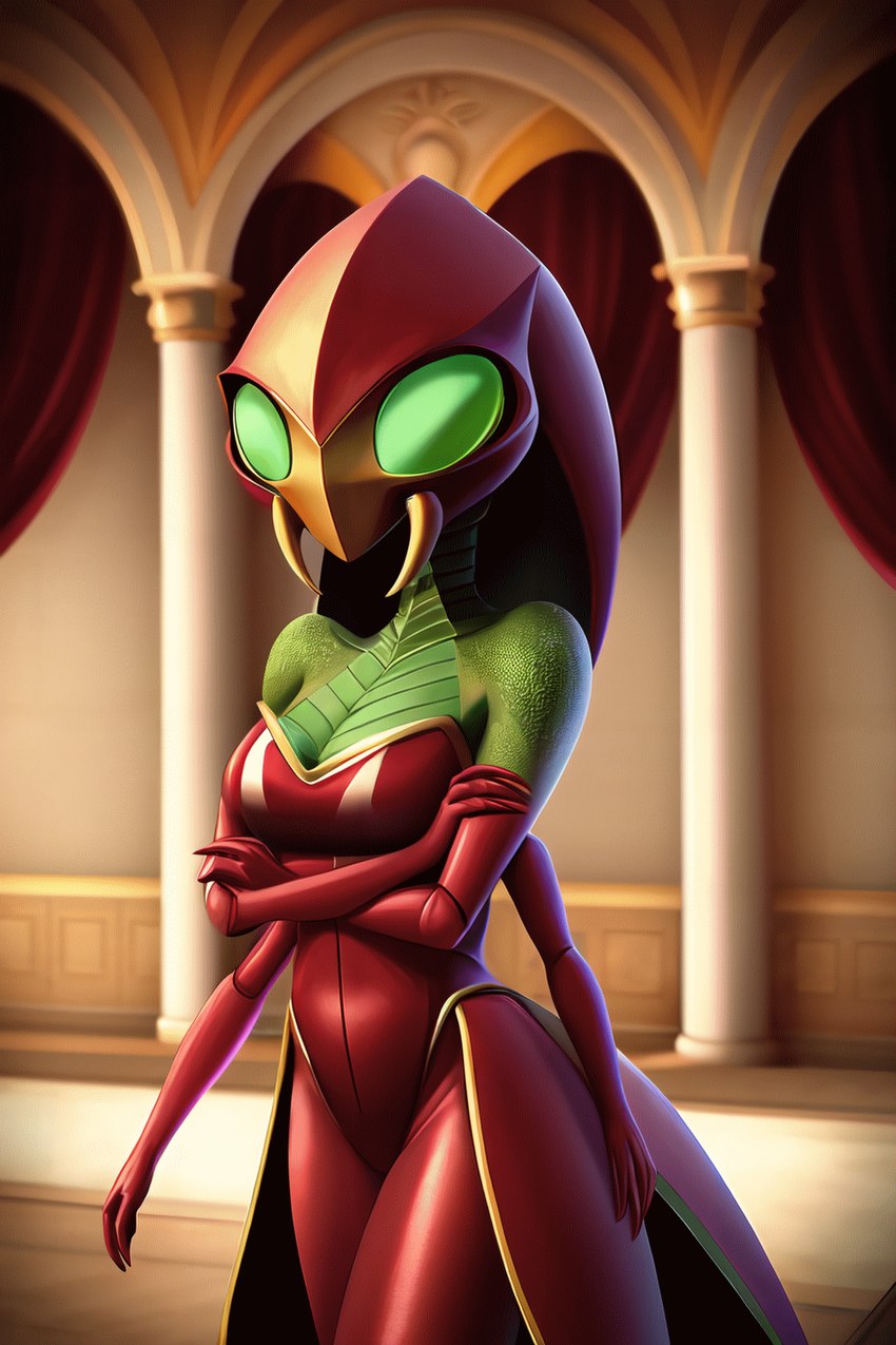 4_arms anthro ballroom breasts clothed clothing column crossed_arms curtains dress exoskeleton female flower gown green_body green_eyes green_scales green_sclera hand_on_leg hand_on_thigh inside mandibles multi_arm multi_limb no_pupils non-mammal_breasts plant red_body red_clothing red_dress red_exoskeleton red_scales scales shell solo dakka armadillidiid arthropod crustacean insect isopoda malacostracan marine woodlouse hi_res