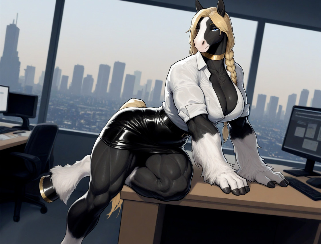 anthro black_body black_bottomwear black_clothing black_fur black_skirt blonde_hair blue_eyes bottomwear braided_hair choker city_skyline clothing computer female fur hair jewelry muscular muscular_female necklace office pencil_skirt shirt skirt solo topwear white_clothing white_shirt white_topwear anonymous_director clydesdale draft_horse equid equine horse mammal hi_res