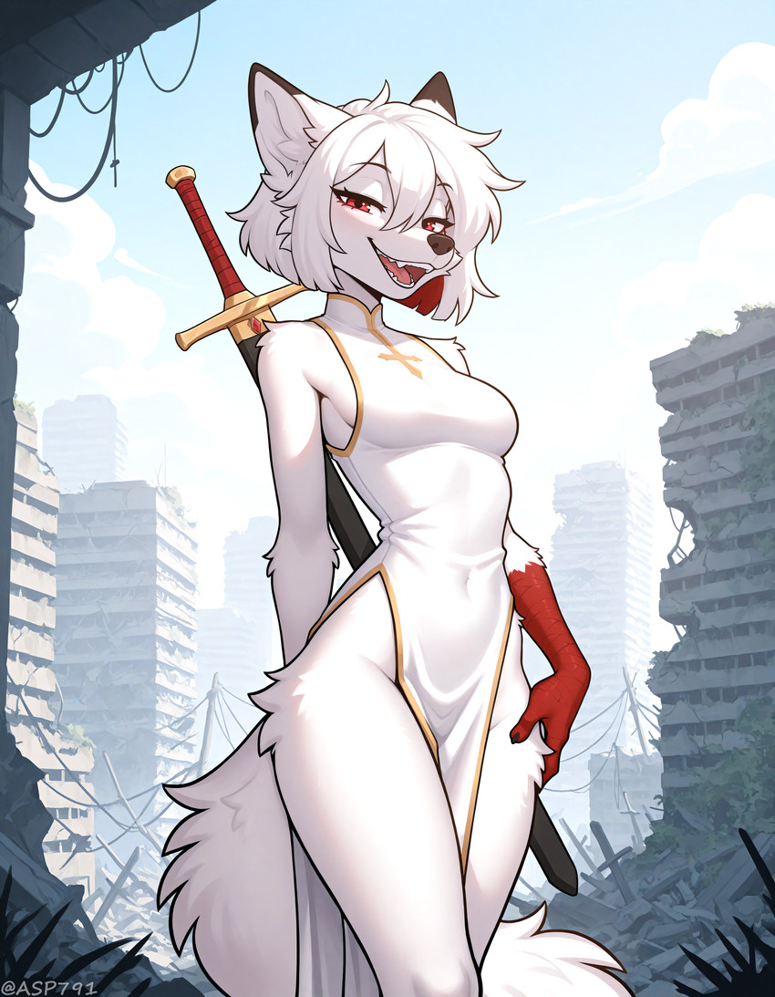 alternate_species anthro black_nose bob_cut breasts canine_nose canine_teeth city city_background clothing debris dipstick_ears dress female fur furrification hair hair_between_eyes looking_at_viewer melee_weapon multicolored_ears narrowed_eyes open_mouth outside post-apocalyptic red_eyes red_hair ruins scuted_arms scutes seductive smile smug solo standing sword sword_on_back tongue tuft weapon white_body white_fur white_hair asp791_(director) ai_limit arrisa_(ai_limit) canid canine canis fox mammal absurd_res hi_res signature watermark