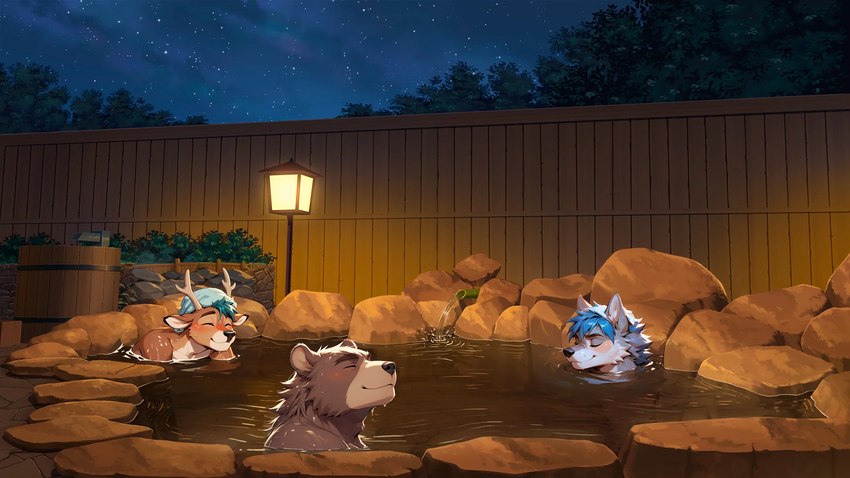 antlers blue_hair clothing eyes_closed green_hair group hair headgear headwear horn hot_spring lamp male night_sky onsen partially_submerged peaceful relaxed relaxing rock smile towel trio water thebigbradwulf brad_wulf_(thebigbradwulf) buckshot_bruin_(thebigbradwulf) random_ass_bear_(thebigbradwulf) canid canine canis cervid mammal ursid wolf hi_res