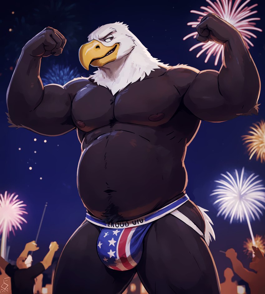 4th_of_july anthro beak blurred_background body_hair brown_body bulge clothing crowd feathers fireworks flexing group happy_trail jockstrap male manly musclegut muscular muscular_male navel night nipples outside smile smirk solo_focus standing stars_and_stripes teeth underwear united_states_of_america white_body yellow_beak fox1400 accipitrid accipitriform avian bald_eagle bird eagle sea_eagle absurd_res hi_res portrait three-quarter_portrait watermark