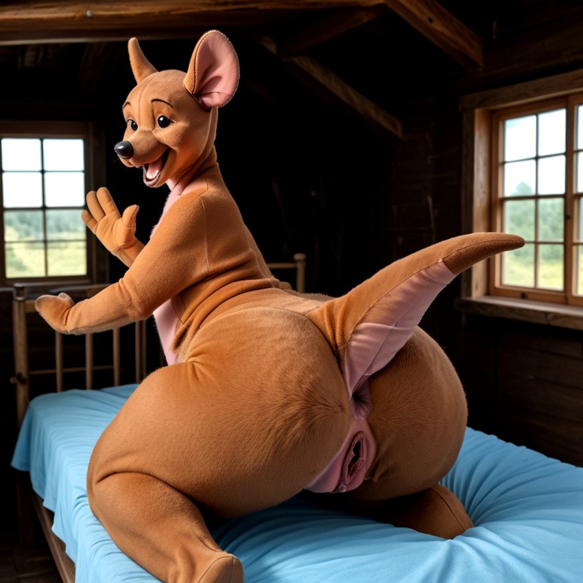 anthro anus bed brown_body disney female furniture genitals inside on_bed plushie presenting pussy solo winnie_the_pooh penisfire kanga animate_inanimate kangaroo macropod mammal marsupial