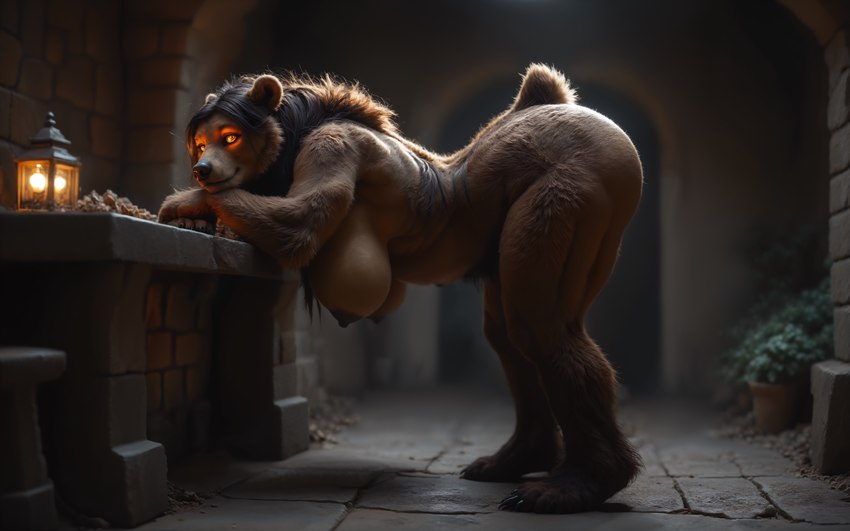 anthro big_breasts big_butt breasts brown_body brown_fur butt female fur lamp lantern mature_female nude solo stone_wall wall_(structure) neoncortex mammal ursid invalid_tag absurd_res hi_res