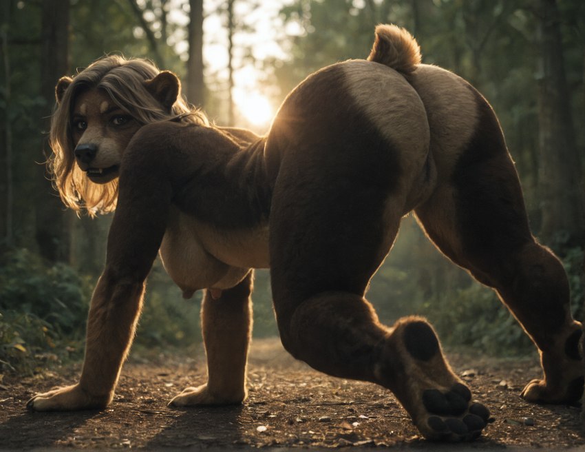 all_fours anthro blonde_hair breasts brown_body brown_fur bubble_butt butt erect_nipples female forest fur genitals hair looking_at_viewer looking_back looking_back_at_viewer nipples nude outdoors pawpads paws plant pussy solo tree spichtf brown_bear mammal ursid ursine absurd_res hi_res