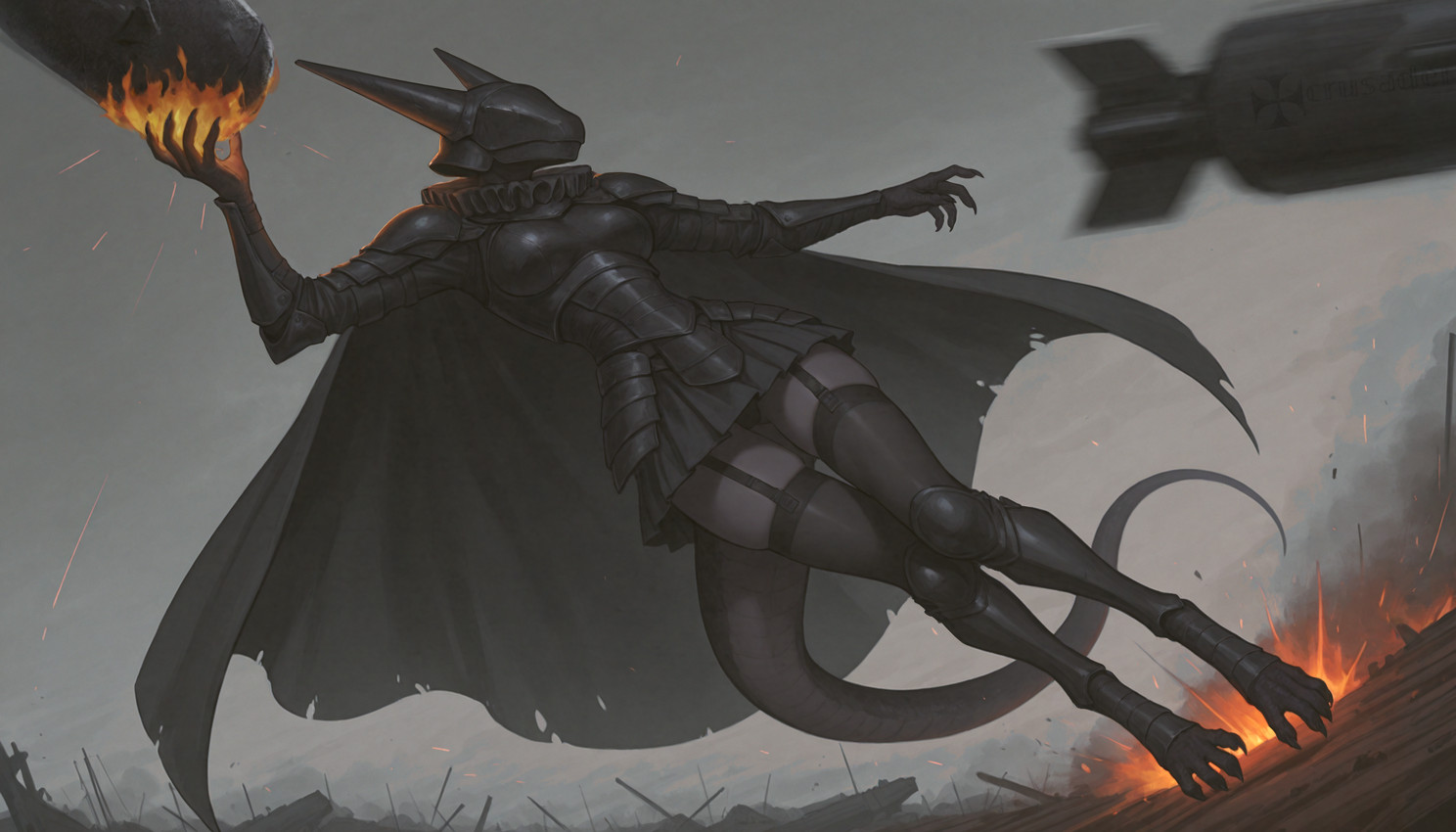 anthro armor battle bottomwear breasts cape clothing dark_clothing destruction digitigrade dragoness faceless_character female floating garter_straps leg_armor legwear long_tail mythology overcast skirt sky smoke solo thigh_highs crusader_(director) artillery_witch dragon mythological_creature mythological_scalie scalie hi_res