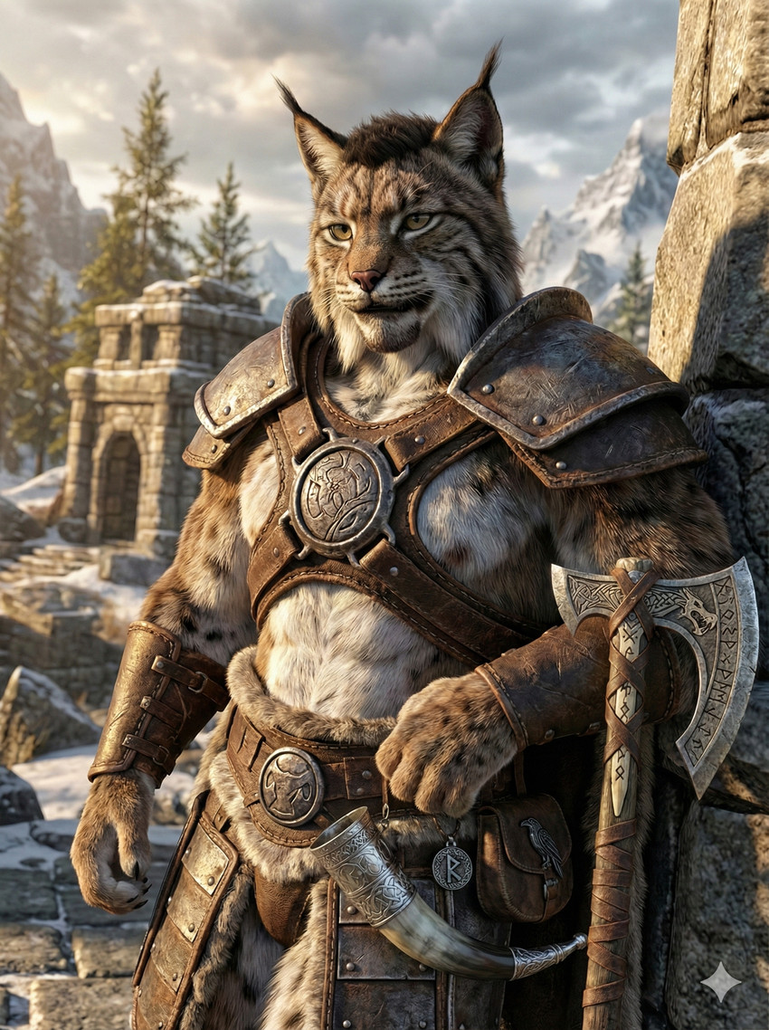 anthro armor axe brown_body brown_fur clothing fur horn_jewelry male melee_weapon muscular muscular_anthro muscular_male outside ruins snow solo thong underwear weapon yellow_eyes sweet_husbando skyrim the_elder_scrolls felid feline khajiit lynx mammal absurd_res hi_res