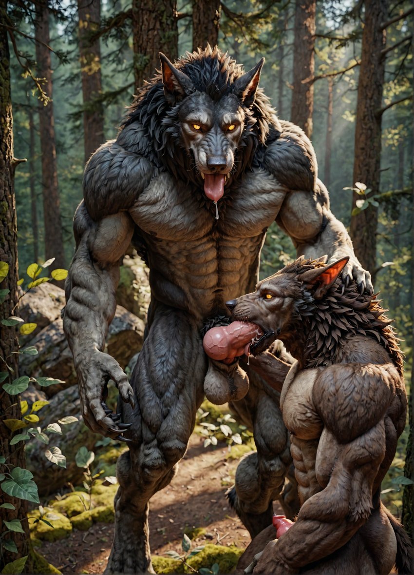 animal_genitalia animal_penis anthro balls bodily_fluids canine_genitalia canine_penis cum cum_in_mouth cum_inside digitigrade duo forest genital_fluids genitals holding_head knot looking_at_viewer male male/male oral penis plant sucking tree warcraft wolfgrinn world_of_warcraft canid canine canis mammal were werecanid werecanine werewolf wolf worgen hi_res