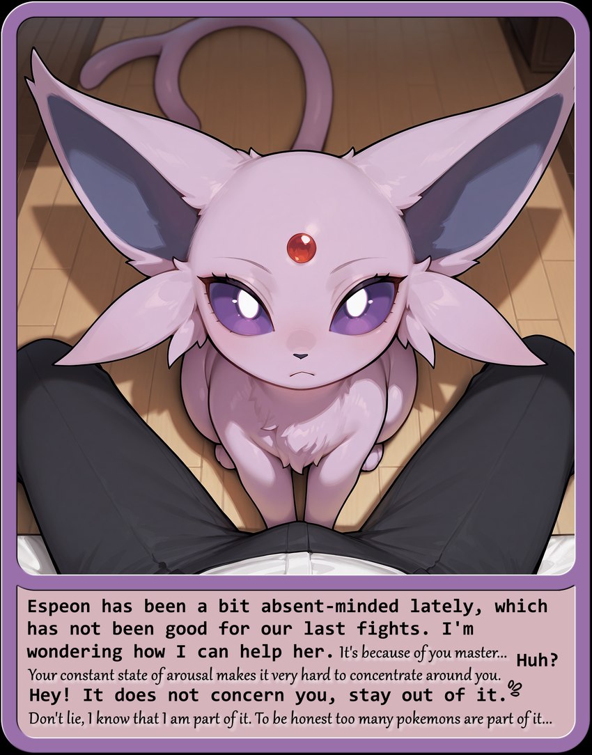 ambiguous_gender duo female feral first_person_view forehead_gem inside looking_at_viewer male male/ambiguous purple_body purple_sclera sitting_on_ground tail text nonimousmate eeveelution espeon generation_2_pokemon human mammal pokemon_(species) hi_res