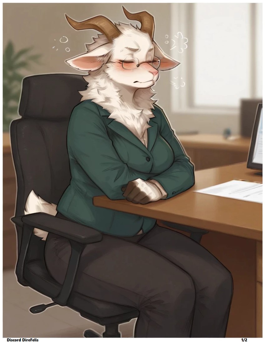 anthro blurred_background blush border bovid_horn breasts caprine_horn chair clothed clothing desk ears_aside eyes_closed eyewear female fur furniture glasses goat_horn horn inside office office_chair office_desk on_chair plant scut_tail short_tail sitting sitting_on_chair solo table tuft white_body white_border white_fur window direfelis_(director) bovid caprine goat mammal watermark