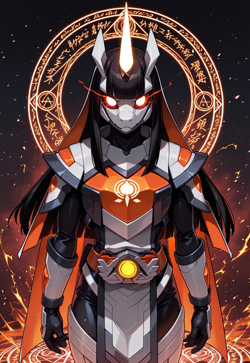 anthro armor belt black_bodysuit black_hair female fur glowing glowing_eyes glowing_horn hair horn long_hair looking_at_viewer magic magic_circle orange_armor orange_cape solo unicorn_horn white_body white_fur massbrainimpact kudo_rinne_(massbrainimpact) equid equine mammal unicorn hi_res