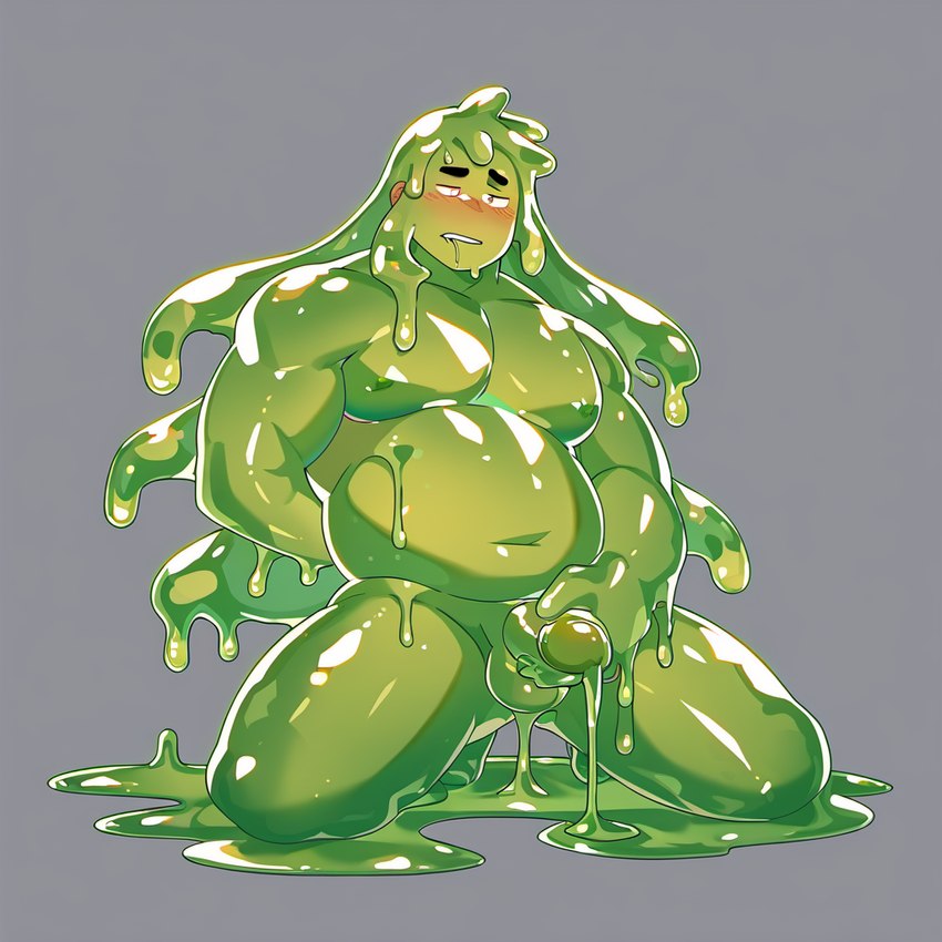 bara blush bodily_fluids chubby_male food fruit genital_fluids hair kneeling leaking_precum long_hair male masturbation melting muscular overweight plant precum simple_background solo avocado goo_creature goo_humanoid humanoid