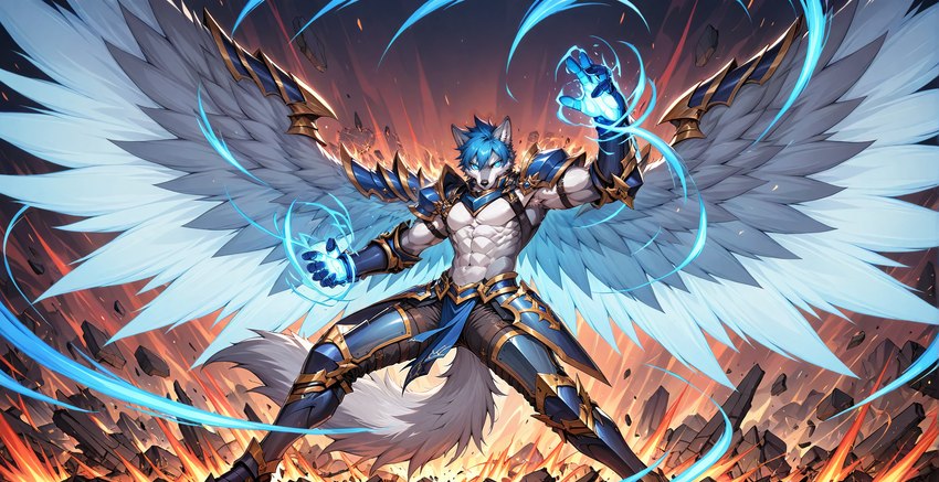 5_fingers abs anthro armor biped blue_eyes blue_hair bottomwear claws clothed clothing feathered_wings feathers fingers fire fur glowing greaves grey_body grey_fur hair loincloth looking_at_viewer magic male muscular muscular_anthro muscular_male navel pecs solo vambrace white_body white_fur wings thebigbradwulf brad_wulf_(thebigbradwulf) canid canine canis mammal wolf digital_media_(artwork) hi_res