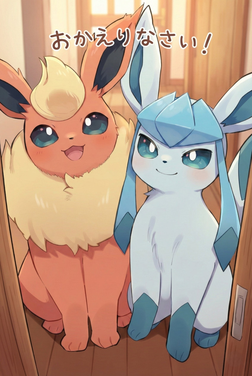 ambiguous_gender blue_body blue_eyes blue_fur blush blush_lines duo feral fur looking_at_viewer open_mouth orange_body orange_fur paws sitting smile smiling_at_viewer tail teal_eyes text tongue yellow_body yellow_fur kaigamiaikemono nintendo pokemon eeveelution flareon generation_1_pokemon generation_4_pokemon glaceon pokemon_(species) 2026 absurd_res hi_res japanese_text translation_request