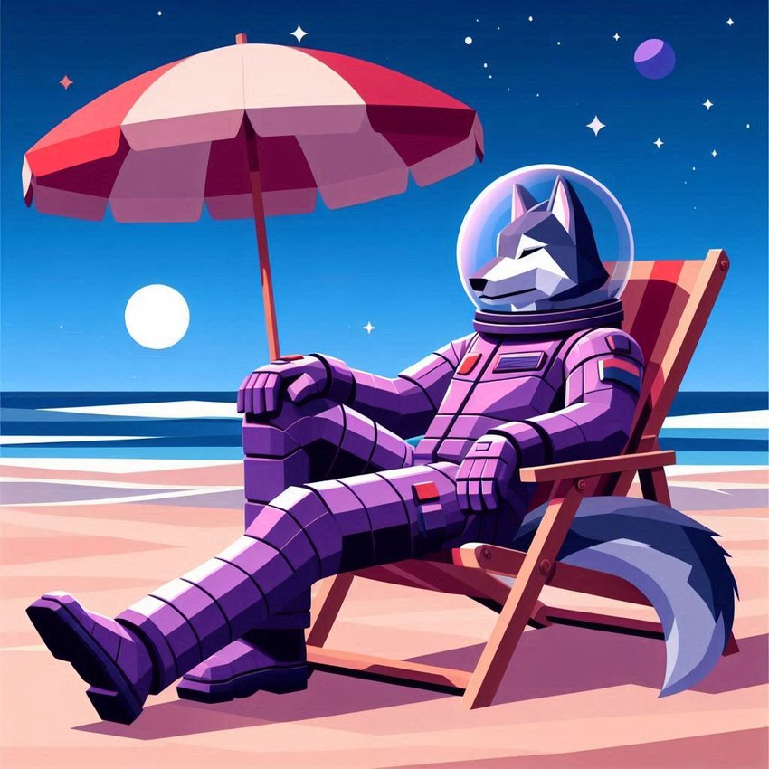 anthro beach beach_chair beach_umbrella clothed clothing fur grey_body grey_fur male moon sea seaside sitting solo space spacesuit star water white_body white_fur omgechounknown canid canine canis mammal wolf