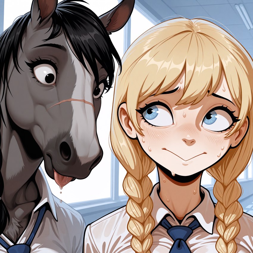 anthro blue_eyes bodily_fluids clothing drooling duo female hair necktie ponytail saliva scar school_hallway school_uniform uniform anonymous_director equid equine human mammal hi_res