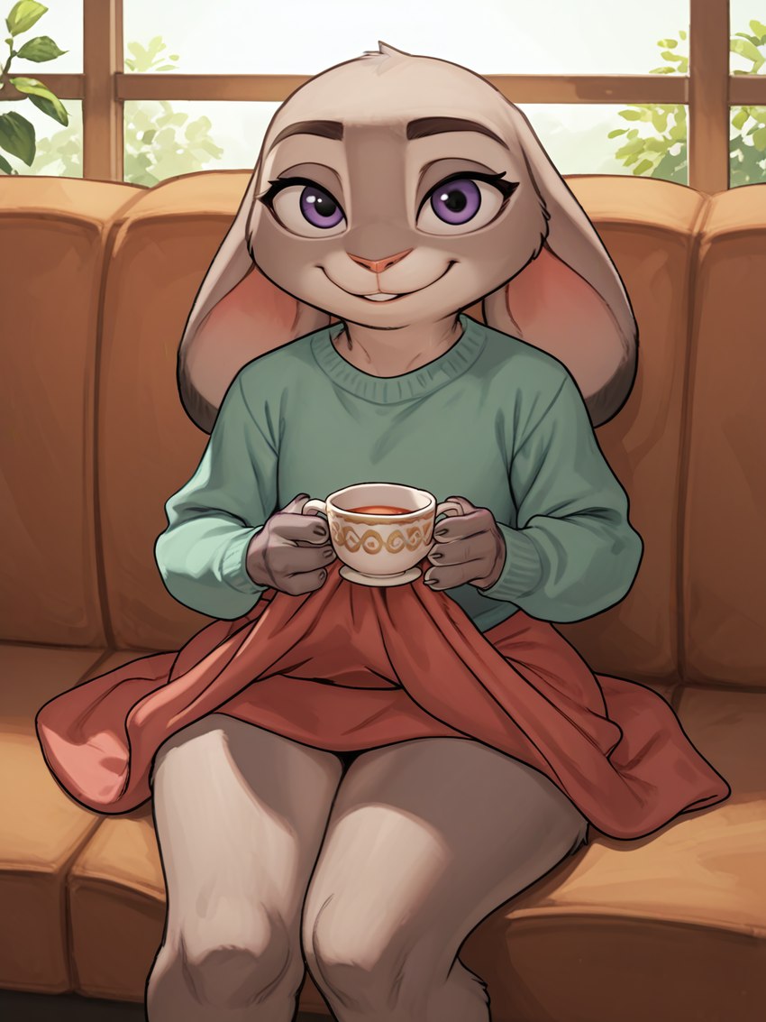 anthro beverage bottomwear clothing container cup ears_down female furniture holding_object inside legs_together looking_at_viewer on_sofa pivoted_ears plant sitting sitting_on_sofa skirt smile sofa solo sweater tea topwear window zootopia anonymous_director judy_hopps lagomorph leporid mammal rabbit hi_res