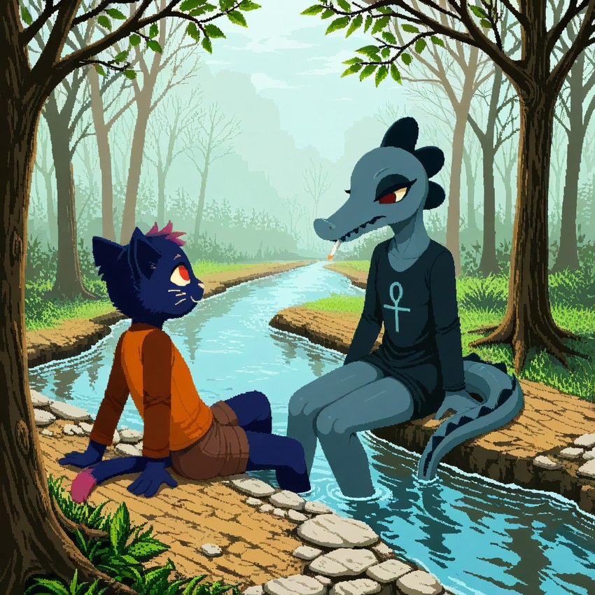 ankh anthro blue_body blue_fur cigarette cigarette_in_mouth creek duo eye_contact female fur grass leaf leaning leaning_back looking_at_another outdoors plant red_eyes rock sharp_teeth sitting smile submerged_legs teeth tree water tyto4tme4l night_in_the_woods bea_santello mae_borowski crocodile crocodilian crocodylid domestic_cat felid feline felis mammal reptile scalie digital_media_(artwork) pixel_(artwork)