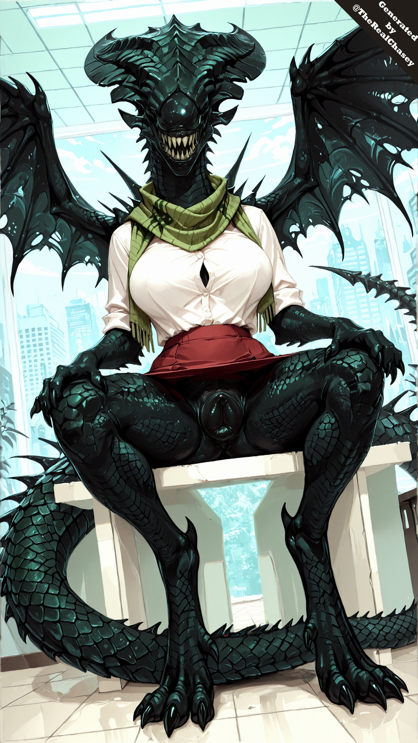 animal_genitalia animal_pussy anthro big_breasts bottomwear breasts canine_genitalia canine_pussy clothed clothing clothing_lift dress_shirt eyeless female genitals membrane_(anatomy) membranous_wings presenting presenting_pussy pussy raised_bottomwear raised_clothing raised_skirt scales scarf sharp_teeth shirt skirt skirt_lift solo spikes spread_wings teeth topwear wings chase_summerfield alien xenomorph xenomorph_queen absurd_res hi_res