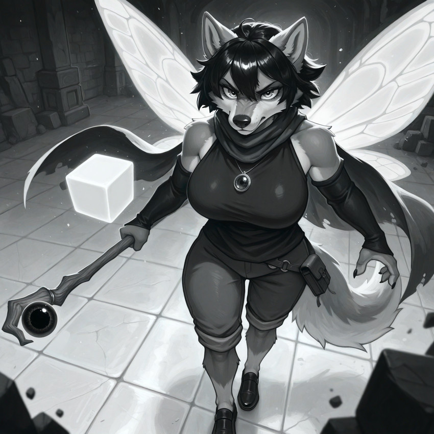 4_fingers anthro arm_warmers armwear bag big_breasts black_hair blurred_foreground bottomwear breasts cape clothed clothing countershading dungeon female fingers floor footwear hair insect_wings magic off_shoulder pants pendant serious_face shoes short_hair solo staff stone_wall temple tile tile_floor walking wall_(structure) wings jm222 canid canine canis mammal wolf greyscale hi_res monochrome