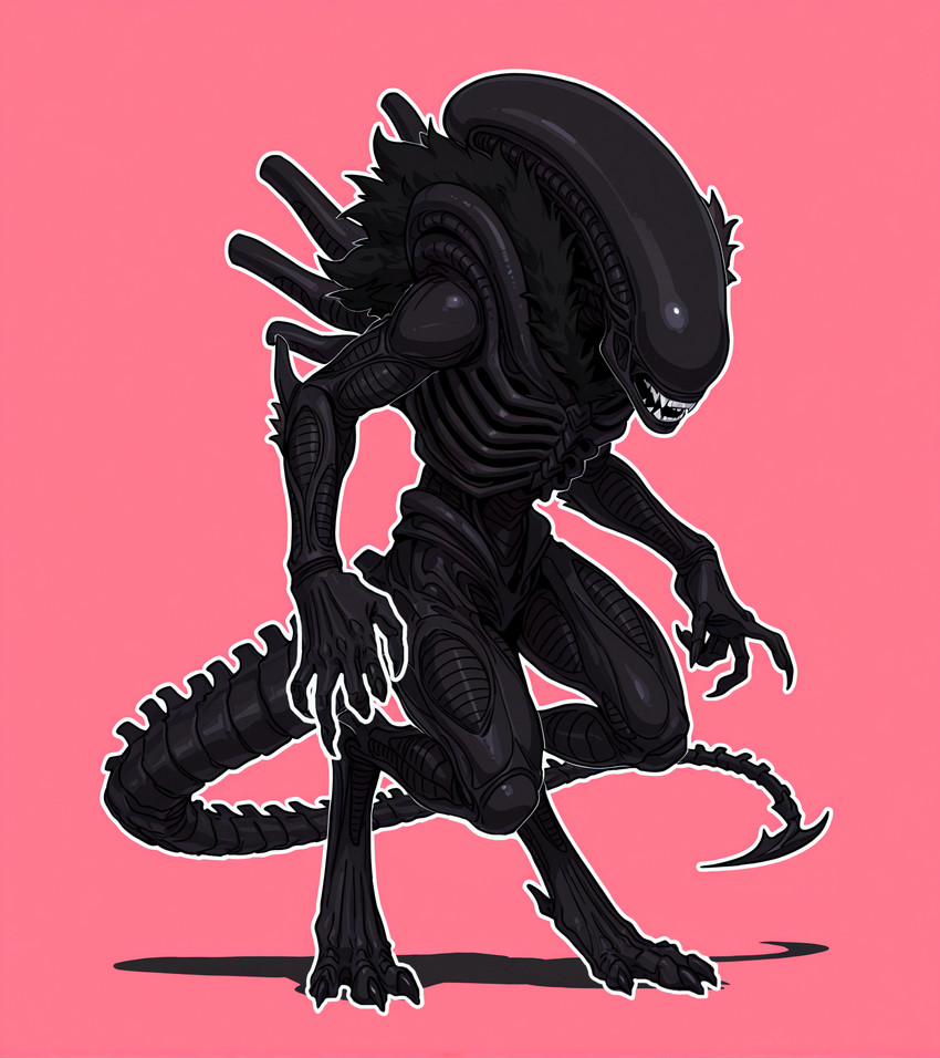 5_fingers ambiguous_gender black_body digitigrade exoskeleton fangs fingers fur not_furry pink_background simple_background solo tail teeth unusual_anatomy unusual_tail loren_iipsum alien_(franchise) alien humanoid xenomorph hi_res