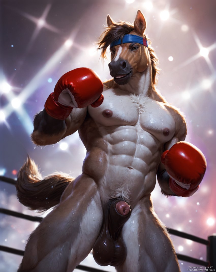 abs animal_genitalia anthro balls black_nose blurred_background bodily_fluids boxing_gloves brown_eyes brown_hair casual_exposure casual_nudity chest_tuft clothing equine_genitalia equine_sheath fighting_pose fighting_ring front_view fully_sheathed fur genitals hair handwear headgear headwear light light_beam looking_at_viewer male multicolored_body multicolored_fur muscular muscular_male navel nipples nude open_mouth pecs penis pink_penis pose pubes ring saggy_balls sheath solo sweat sweaty_balls sweaty_genitalia teeth tuft k3y equid equine horse mammal hi_res