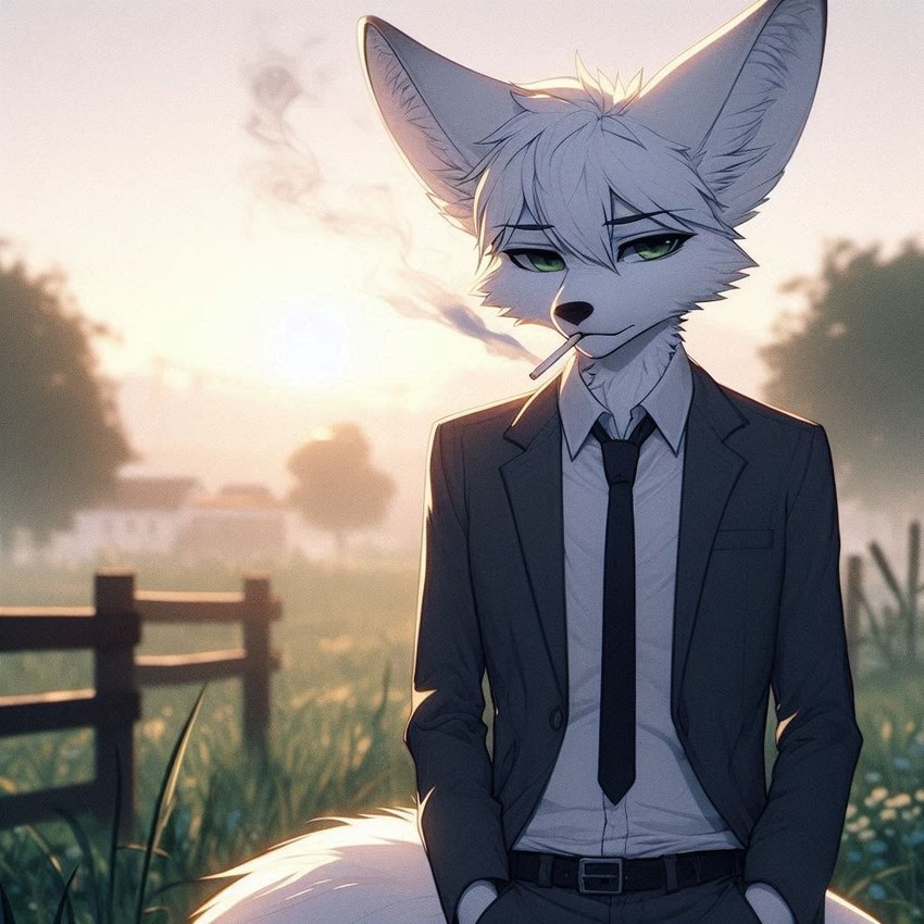 anthro belt building cigarette clothing dall-e_3 day fence front_view fur grass green_eyes hand_in_pocket light male necktie outside plant pockets smoking solo suit sunlight tree white_body white_fur lucifluffy wilek canid canine fennec fox mammal half-length_portrait portrait