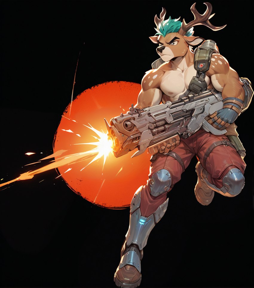 anthro antlers bottomwear brown_body clothed clothing eyebrows fingerless_gloves fur futuristic_armor gloves gun hair handwear holding_gun holding_object holding_weapon horn male muscular muscular_anthro muscular_male pants pecs ranged_weapon solo thick_eyebrows topless topless_male weapon thebigbradwulf buckshot_bruin_(thebigbradwulf) cervid mammal