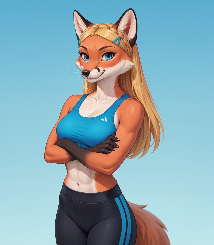 abs accessory anthro athletic athletic_female black_clothing black_leggings black_legwear blonde_hair blue_background blue_eyes bra breasts clothing dipstick_ears female fur gloves_(marking) gradient_background hair hair_accessory leggings legwear long_hair looking_at_viewer markings medium_breasts mouth_closed multicolored_ears navel orange_body orange_fur simple_background solo sports_bra underwear white_background white_body white_fur interhorse princess_zelda canid canine fox mammal red_fox hi_res