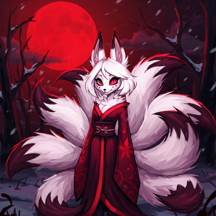 anthro asian_clothing blood_moon clothing east_asian_clothing female fur japanese_clothing kimono looking_at_viewer multi_tail mythology plant red_eyes snow solo tree white_body white_fur director_veprem chi_(veprem) canid canine fox mammal mythological_creature vampire hi_res