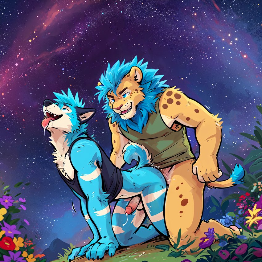 anal anal_penetration anthro balls blue_body blue_eyes blue_fur blue_mane bodily_fluids brown_spots doggystyle drooling duo flower from_behind_position fur genital_fluids genitals half-erect humanoid_genitalia humanoid_penis looking_pleasured looking_up male male/male mane night on_all_fours on_knees open_mouth orange_body orange_fur penetration penis plant precum precum_string saliva sex sky spots star starry_sky stripes t-shirt_only tongue tongue_out white_stripes hamgas_(director) hamgas zerp canid canine canis domestic_dog felid lion mammal pantherine shiba_inu spitz hi_res