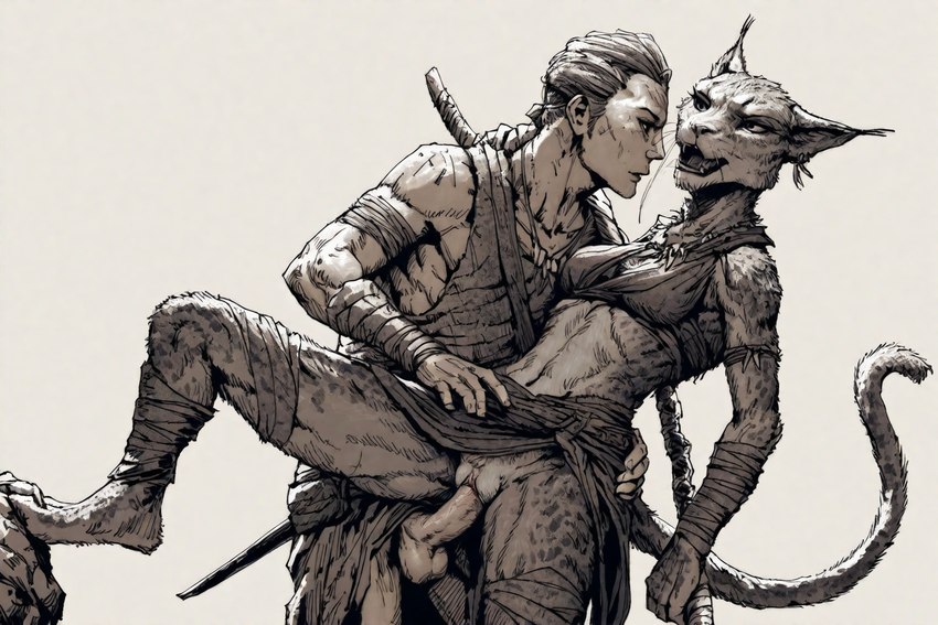 anthro anthro_penetrated balls clothed clothing duo female genitals human_on_anthro human_penetrating human_penetrating_anthro interspecies male male/female partially_clothed penetration penis pussy raised_leg sex vaginal vaginal_penetration hyperion felid feline human khajiit mammal