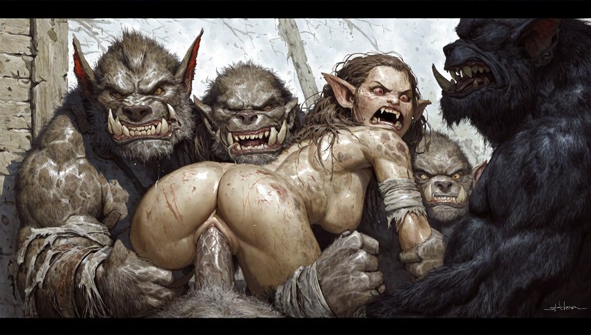 anthro female gangbang genitals group group_sex male male/female on_bottom on_top penetration penis puss reverse_cowgirl_position sex vaginal vaginal_penetration hyperion elf gnoll humanoid hyaenid mammal attempted_signature hi_res