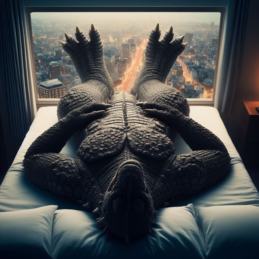 2023 4_toes anthro bed city city_background claws curtains feet foot_focus furniture godzilla_(series) grey_body grey_scales inside lying lying_on_bed male mattress on_back on_bed pillow scales shadow simple_background snout soles solo toe_claws toes white_claws window dq11 godzilla dragon kaiju full-length_portrait portrait