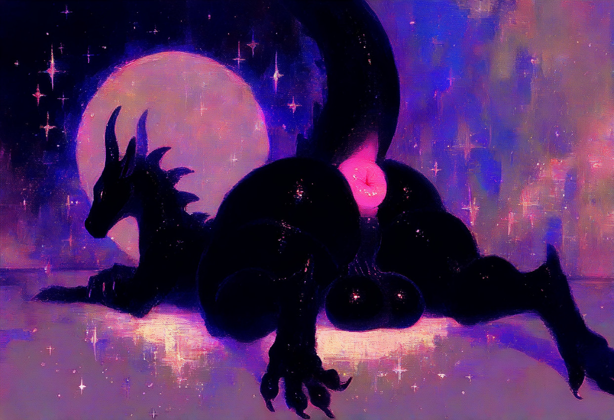 abstract_background anus backsack balls big_anus big_balls big_butt black_body black_scales butt claws feral genitals glistening glistening_body horn looking_at_viewer looking_back lying male moon mythology nude nude_male on_front perineum pink_anus presenting presenting_anus presenting_hindquarters puffy_anus raised_tail scales solo sploot star tail thick_thighs toe_claws palekemono_(director) dragon mythological_creature mythological_scalie scalie hi_res