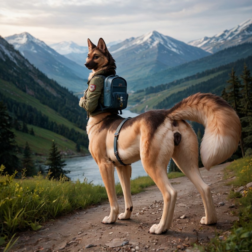 animal_genitalia animal_pussy anus backpack canine_pussy clothing female genitals jacket looking_back mountains plant pussy river solo topwear trail tree valley director_randotaur canid canine canis domestic_dog german_shepherd herding_dog mammal pastoral_dog taur hi_res