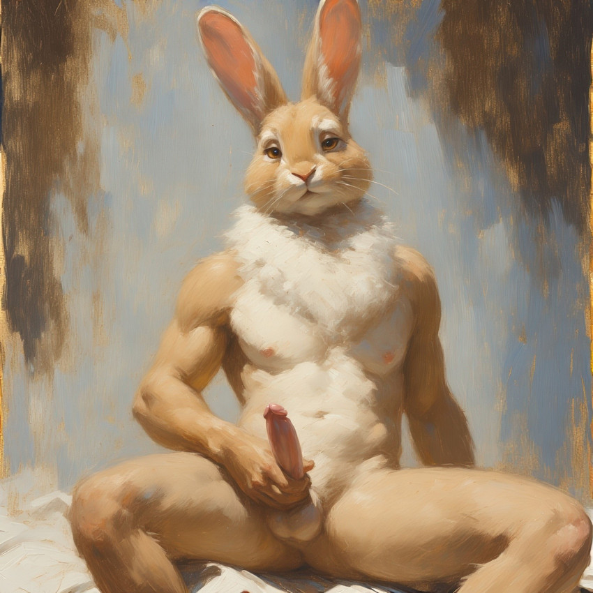anthro athletic athletic_anthro athletic_male balls bedroom_eyes biceps big_ears brown_body brown_eyes brown_fur ears_up erection first_person_view fur genitals handjob humanoid_genitalia humanoid_penis inner_ear_fluff long_ears looking_at_viewer male masturbation multicolored_body multicolored_fur muscular muscular_anthro muscular_male narrowed_eyes navel nipples nude pecs penile penis presenting presenting_penis seductive sex sitting solo spread_legs spreading tuft two_tone_body two_tone_fur whiskers white_body white_fur extravirginweaseloil hare lagomorph leporid mammal rabbit hi_res oil_painting_(artwork) painting_(artwork) traditional_media_(artwork)