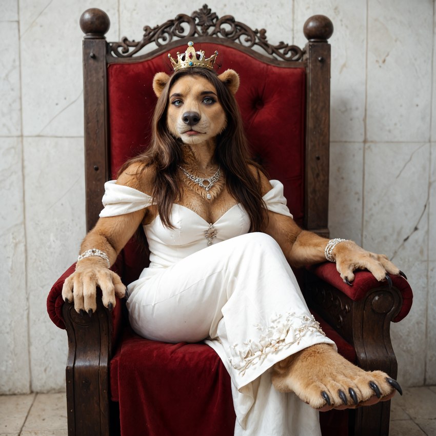 anthro black_nose brown_body brown_fur chair claws clothing crown dress feet female fur furniture paws queen royalty sitting solo throne transformation girlswithsnouts mammal ursid hi_res