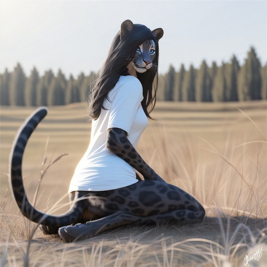 ai_tagging_(redrocket) anthro artois_posting_service barefoot biped black_body black_fur black_hair blue_eyes bottomless breasts butt clothed clothing day detailed_background digitigrade feet female fur grass hair kneeling long_hair looking_at_viewer looking_back markings melanistic nature outside pawpads paws pink_nose plant pose shirt shirt_only sitting sky smile solo spots spotted_body spotted_fur t-shirt tail toes topwear topwear_only tree whiskers white_clothing white_shirt white_topwear director_crashbandit felid feline jaguar leopard leopardus mammal pantherine digital_media_(artwork) hi_res novelai